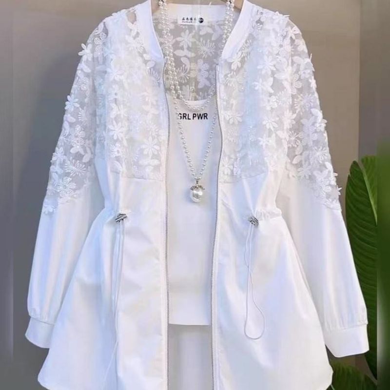 森系 復古 設計感 立體 花朵 蕾絲 拼接 長袖 外套 3XL 白色 素面 印花 聚酯纖維 時尚 休閑 可愛 常規 拉鍊 紐扣 春夏秋 圓領 拉鏈 20-50代