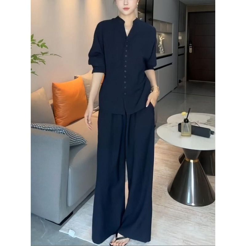 老錢風 優雅 立領 素面 長袖 襯衫+高腰 繫帶 休閒褲 兩件套 S 藏青色襯衫+褲子【兩件套】 長款 30-40代 紐扣 秋冬 秋 聚酯纖維 常規 休閑 時尚
