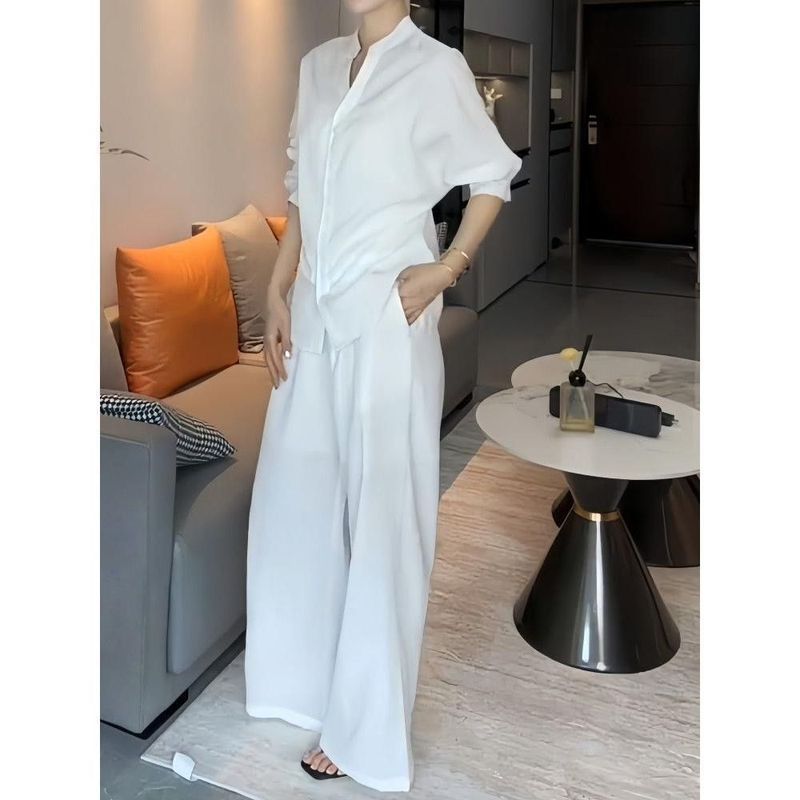 老錢風 優雅 立領 素面 長袖 襯衫+高腰 繫帶 休閒褲 兩件套 XL 白色襯衫+褲子【兩件套】 長款 30-40代 紐扣 秋冬 秋 聚酯纖維 常規 休閑 時尚