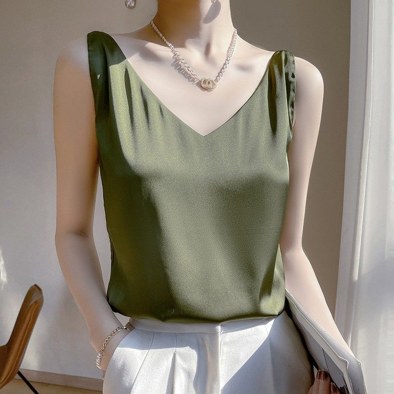 【全12色】氣質光澤感緞面無袖打底吊帶 S 白色 素面 真絲 套頭 V領 夏 一般 時尚 簡約