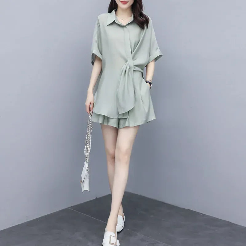 輕盈不厚重休閒收腰襯衫+闊腿短褲 S 淺綠色/【兩件套】 素面 短款 紐扣 翻領 夏 中腰 聚酯纖維 腰帶 常規 休閑 時尚 短袖 兩件套