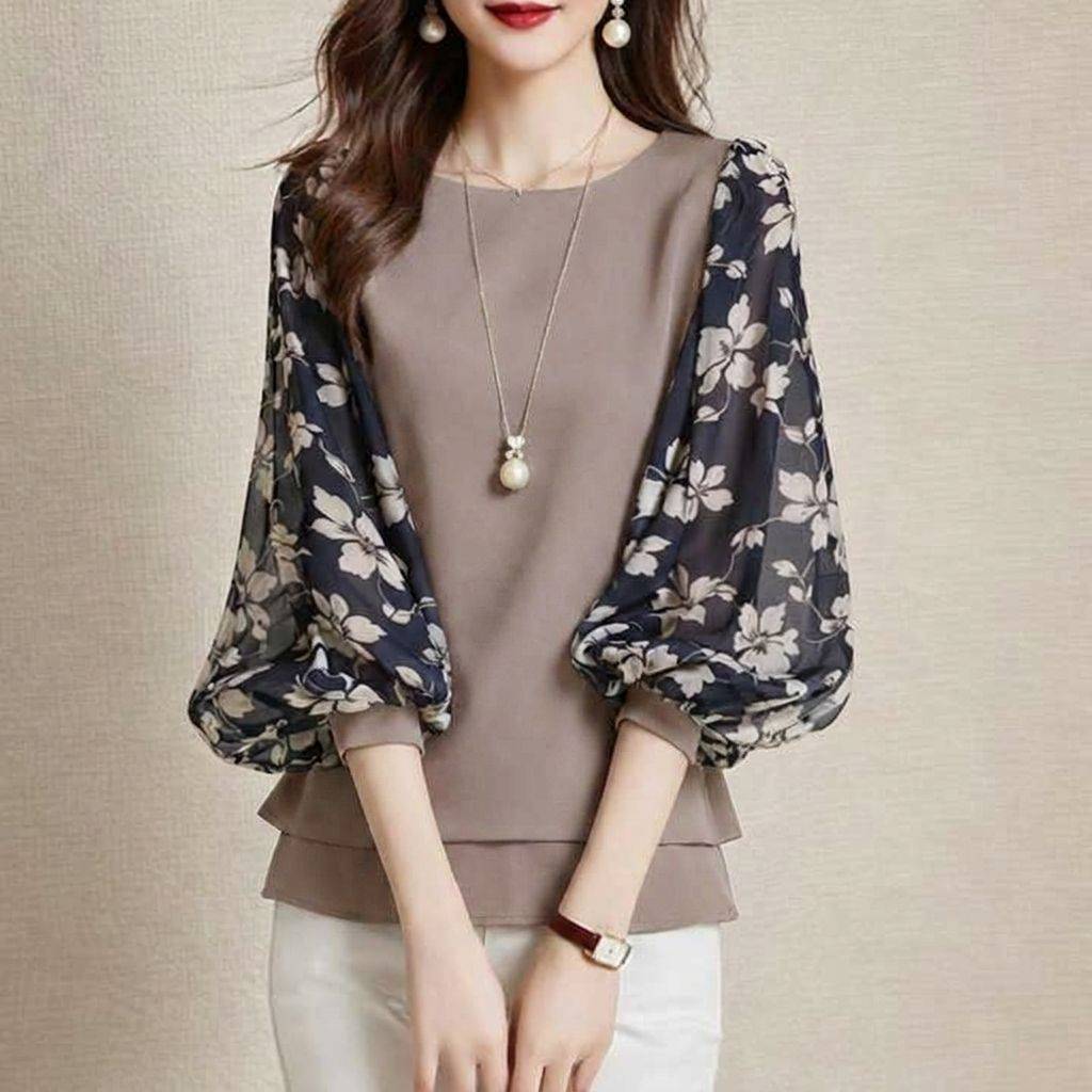 氣質微奢 時尚 印花 七分袖 圓領 雪紡衫 S 藏青色 簡約 休閑 燈籠袖 春秋 套頭 30-50代