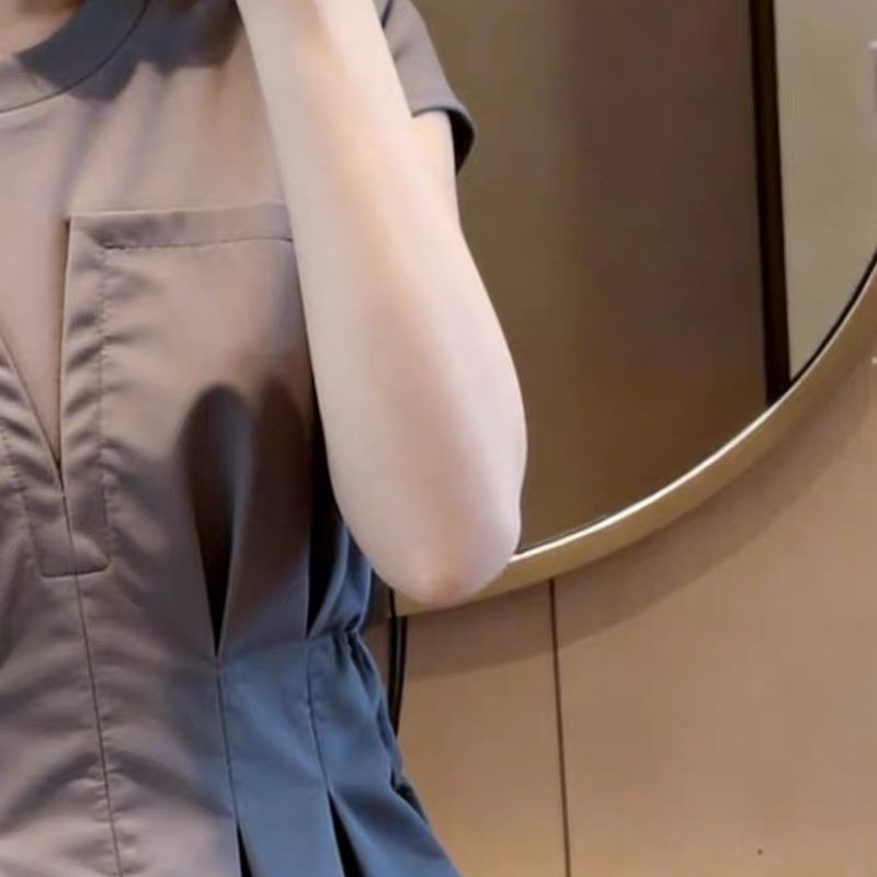 顏值質感兼具假兩件收腰荷葉下擺短袖 M 灰色 素面 聚酯纖維 休閑 常規 假兩件/疊穿 一般 夏 圓領 套頭