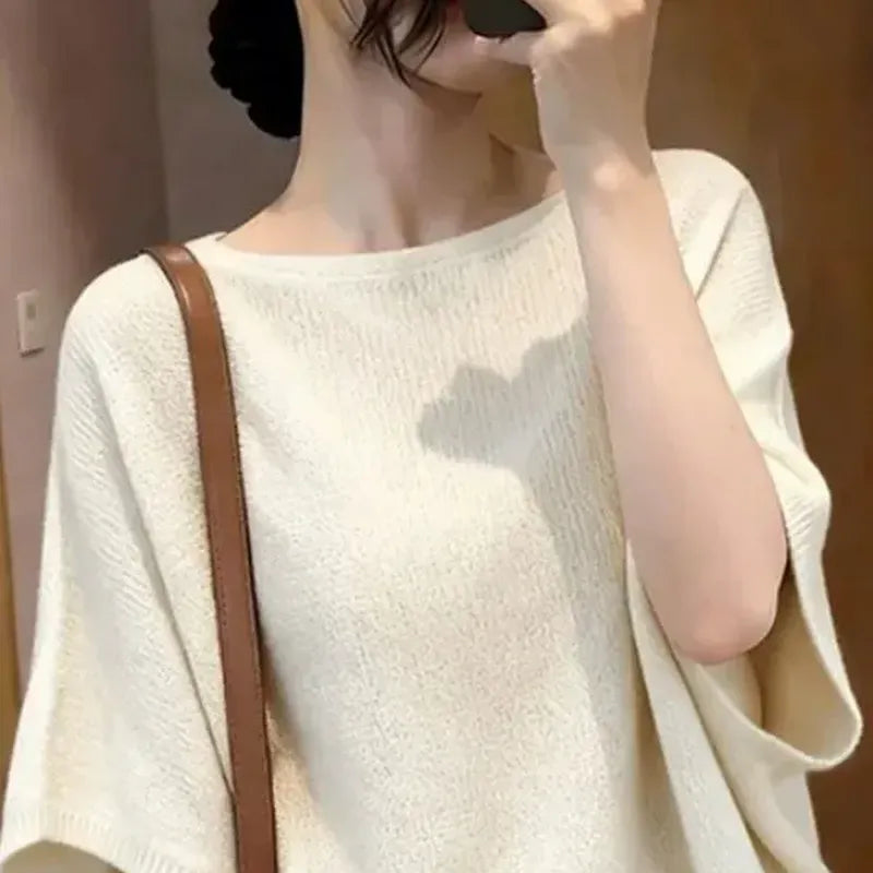 韓版 優雅 寬鬆 落肩袖 船領 日常 素面 短袖 休閑 針織/毛衣 3XL 白色 寬鬆感 顯瘦 20-30代 套頭 春夏 夏 無 清爽休閒 清新