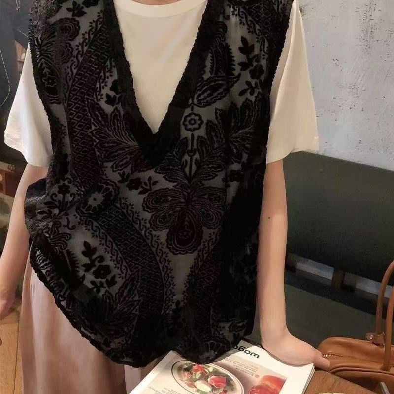 優雅 氣質 疊穿 V領 鏤空 無袖 馬甲 L 黑色 花朵 天鵝絨/絲絨 蕾絲 時尚 短款 春 夏 春夏 春秋 套頭 20-40代