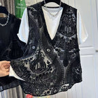 優雅 氣質 疊穿 V領 鏤空 無袖 馬甲 4XL 黑色 花朵 天鵝絨/絲絨 蕾絲 時尚 短款 春 夏 春夏 春秋 套頭 20-40代