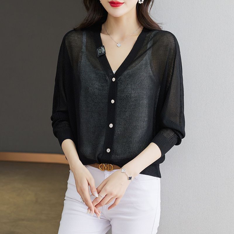 【全5色】基本款防曬寬鬆針織開衫 2XL 黑色 素面 春夏 春 夏 單排扣 V領 聚酯纖維 一般 無 常規 休閑 時尚 簡約 長袖