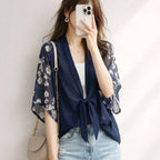 知性 優雅 蝴蝶結 綁帶 印花 五分袖 襯衫 L 藏青 短袖 簡約 休閑 常規 春夏 V領 套頭 30-40代 雪紡 棉麻 混紡