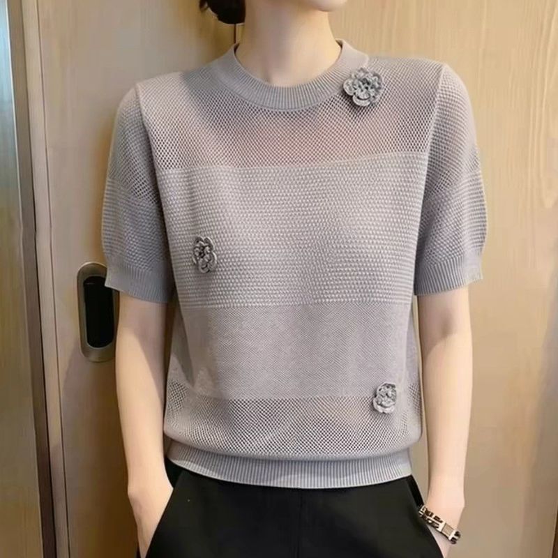 法式高級感立體花朵圓領針織短袖 XL 灰色 素面 簡約 休閑 常規 拼接 中長款 夏 套頭