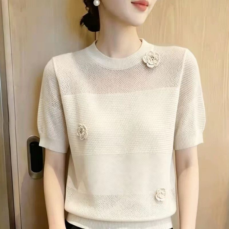 法式高級感立體花朵圓領針織短袖 XL 米色 素面 簡約 休閑 常規 拼接 中長款 夏 套頭