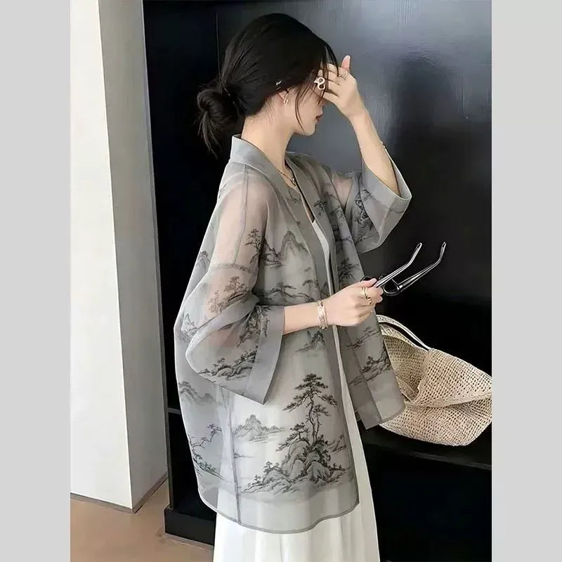 新中式國風印花薄款防曬開衫 S 灰色 七分袖 中國風 優雅 常規 無 中長款 夏 V領 薄款面料 其他