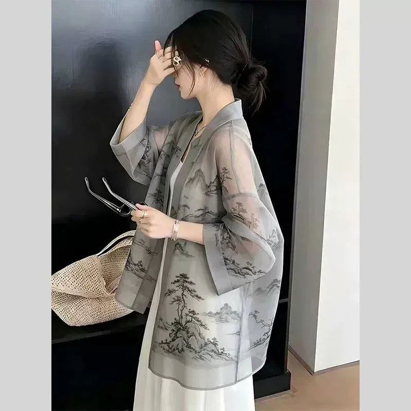 新中式國風印花薄款防曬開衫 S 灰色 七分袖 中國風 優雅 常規 無 中長款 夏 V領 薄款面料 其他