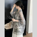 新中式國風印花薄款防曬開衫 S 灰色 七分袖 中國風 優雅 常規 無 中長款 夏 V領 薄款面料 其他