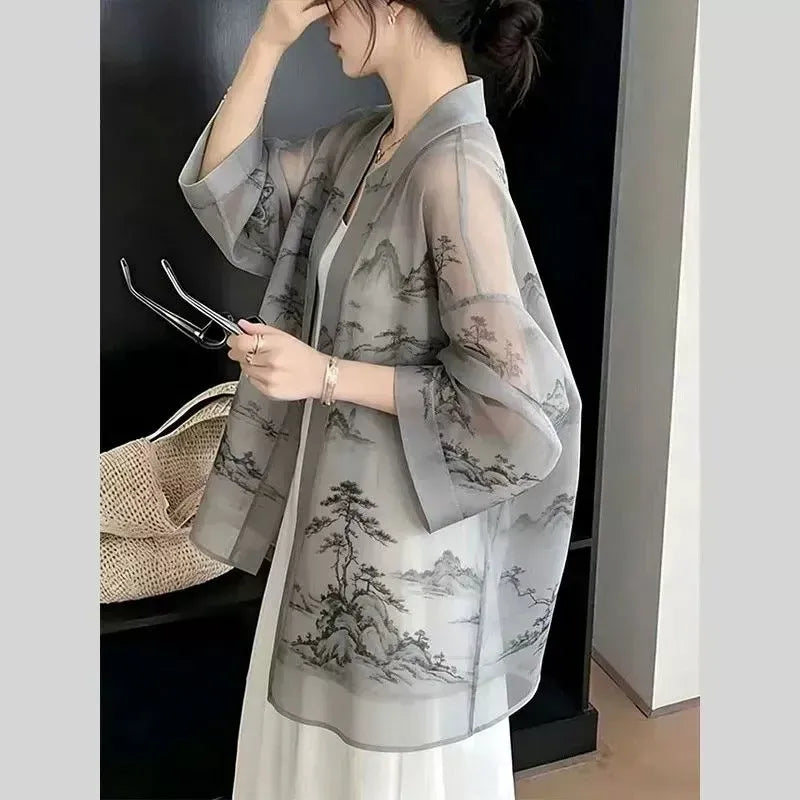 新中式國風印花薄款防曬開衫 S 灰色 七分袖 中國風 優雅 常規 無 中長款 夏 V領 薄款面料 其他
