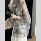 新中式國風印花薄款防曬開衫 S 灰色 七分袖 中國風 優雅 常規 無 中長款 夏 V領 薄款面料 其他