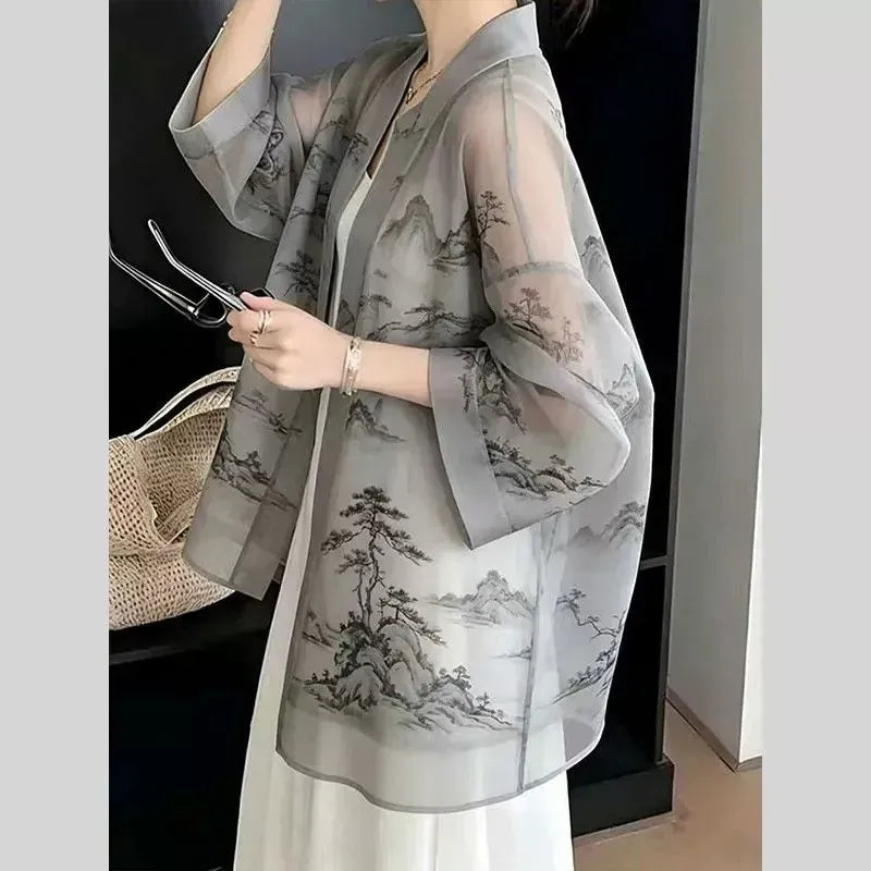 新中式國風印花薄款防曬開衫 S 灰色 七分袖 中國風 優雅 常規 無 中長款 夏 V領 薄款面料 其他