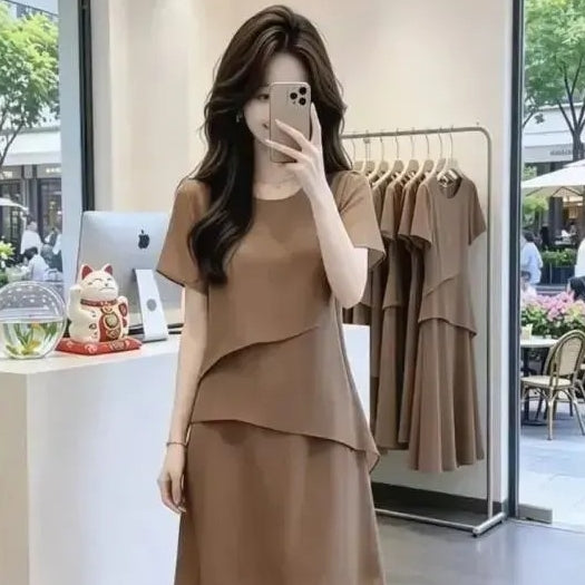 熱銷爆款荷葉邊拼接顯瘦短洋裝 M 圖片色 素面 20-30代 無開叉 完全不透 無里襯 高透氣 日常 合身 高級感 A字型 套頭 短袖 圓領 Ａ字裙 及膝長度 中腰 常規 優雅 時尚 其他 夏