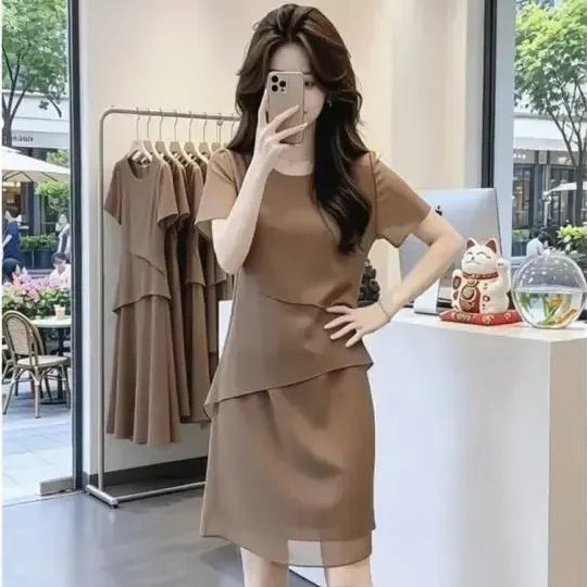 熱銷爆款荷葉邊拼接顯瘦短洋裝 M 圖片色 素面 20-30代 無開叉 完全不透 無里襯 高透氣 日常 合身 高級感 A字型 套頭 短袖 圓領 Ａ字裙 及膝長度 中腰 常規 優雅 時尚 其他 夏