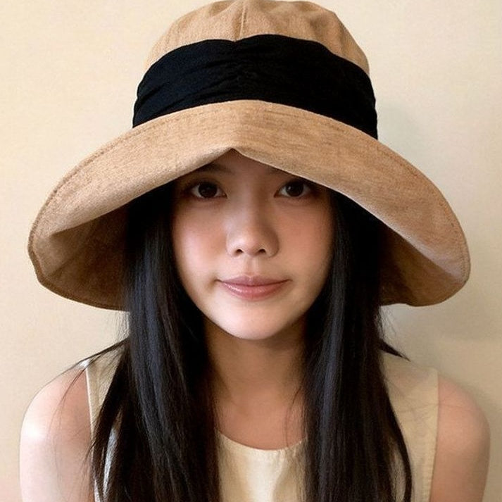 復古 優雅 大帽簷抗UV 小臉修飾 皺褶設計 亞麻 漁夫帽 均碼（54-59cm） 卡其色 撞色 拼接 無 春夏秋 20-50代