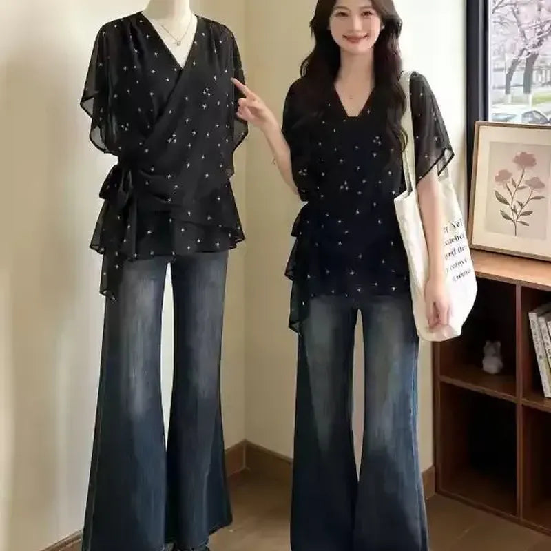 人氣關鍵款波點V領正肩收腰雪紡衫 M 圖片色 圓點 短袖 休閑 甜美 可愛 荷葉邊袖.褶邊袖 印花 短款 夏 其他