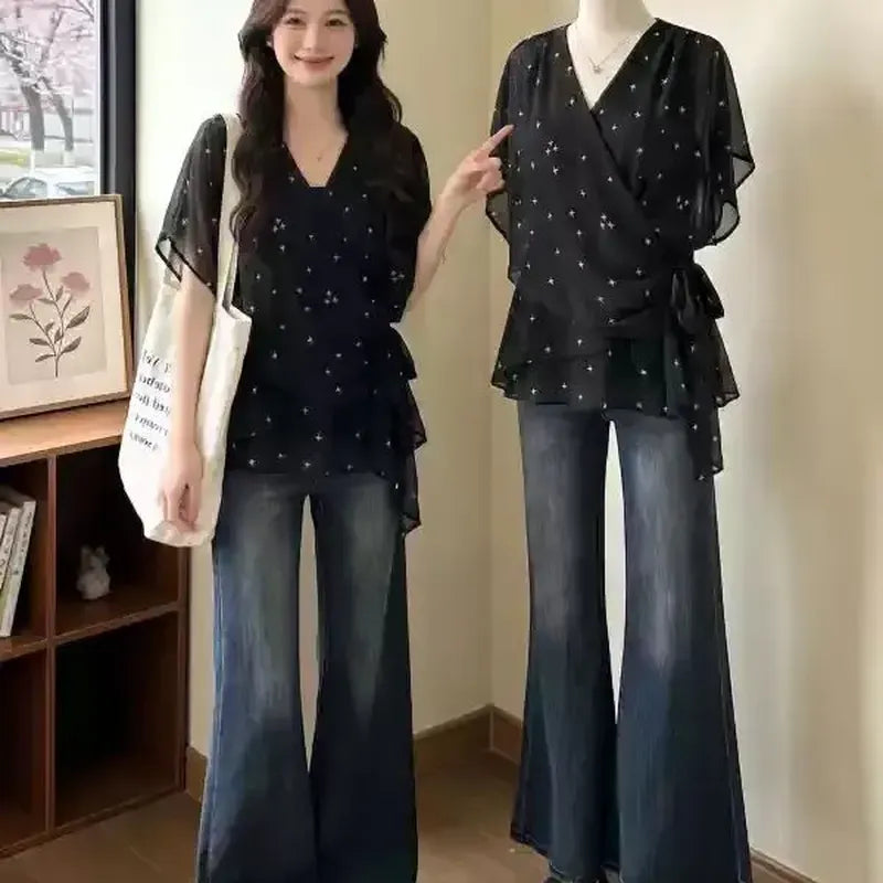 人氣關鍵款波點V領正肩收腰雪紡衫 M 圖片色 圓點 短袖 休閑 甜美 可愛 荷葉邊袖.褶邊袖 印花 短款 夏 其他