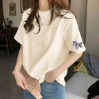 韓版 寬鬆 休閒 印花 正肩 短袖 T恤 S 藏青色 卡通 夏 高透氣 日常 寬鬆感 遮肉 20-40代 套頭 圓領 常規 休閑 棉