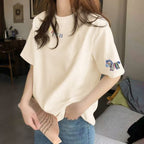 韓版 寬鬆 休閒 印花 正肩 短袖 T恤 2XL 杏色 卡通 夏 高透氣 日常 寬鬆感 遮肉 20-40代 套頭 圓領 常規 休閑 棉