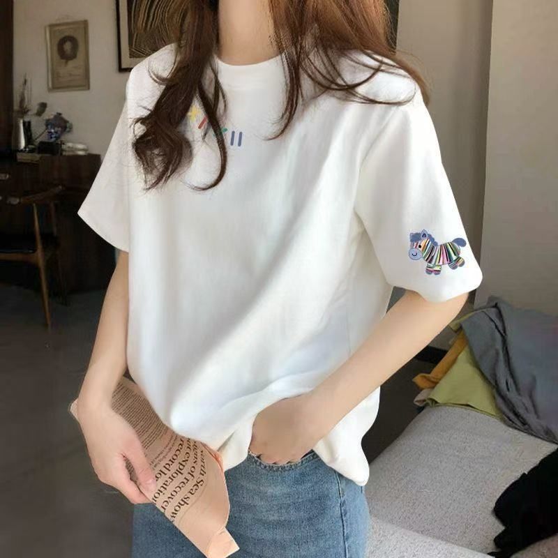 韓版 寬鬆 休閒 印花 正肩 短袖 T恤 2XL 白色 卡通 夏 高透氣 日常 寬鬆感 遮肉 20-40代 套頭 圓領 常規 休閑 棉