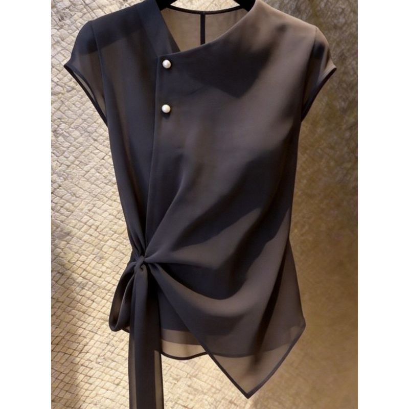 氣質 百搭 不對稱設計 薄款 紐扣設計 短袖 襯衫 S 深灰色 素面 簡約 時尚 優雅 常規 短款 夏 圓領 20-40代 雪紡
