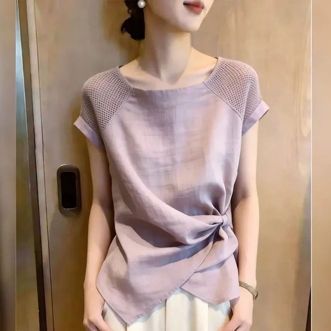 氣質 高質感 小眾 褶皺 收腰 短袖 T恤 S 圖片色 素面 時尚 優雅 常規 無 短款 春夏 圓領 套頭 20-30代 高透氣