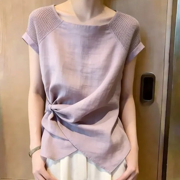 氣質 高質感 小眾 褶皺 收腰 短袖 T恤 S 圖片色 素面 時尚 優雅 常規 無 短款 春夏 圓領 套頭 20-30代 高透氣