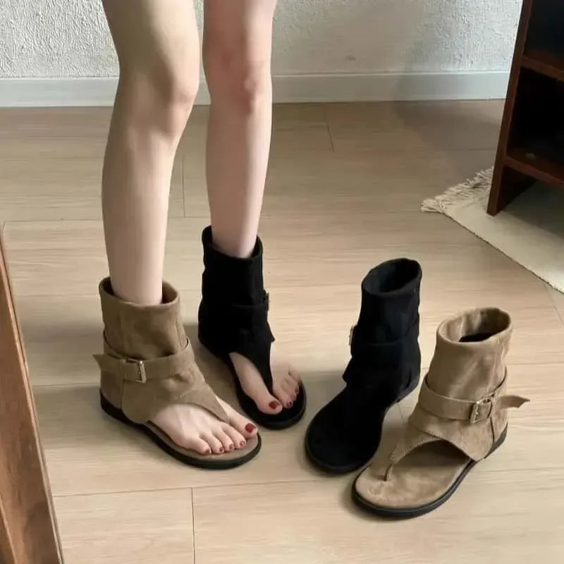 西部牛仔風夾趾羅馬涼鞋 35 卡其色 夏 皮帶扣/方扣 其他 複合底 平跟 街頭風 時尚 復古 露趾鞋 舒適履感 聚酯纖維 短筒