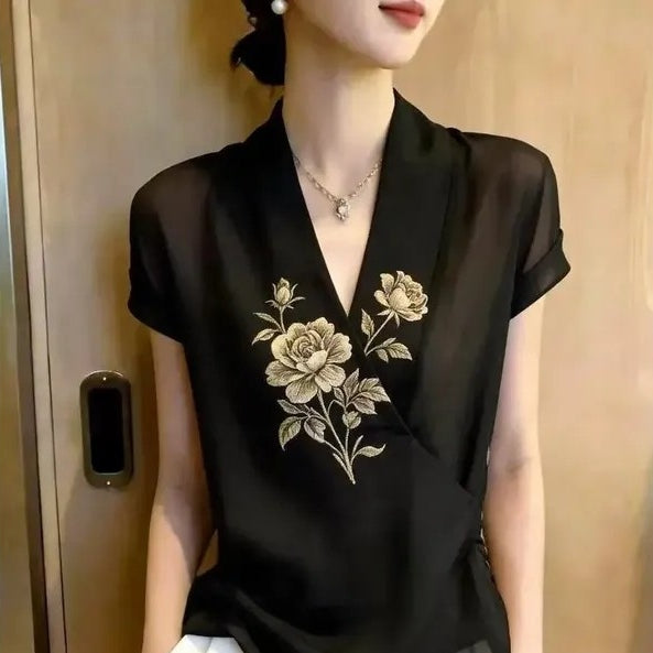 輕熟優雅刺繡輕薄V領短袖襯衫 M 黑色 印花 花朵 時尚 休閑 常規 一般 夏 套頭 顯瘦 遮肉 日常