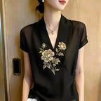 輕熟優雅刺繡輕薄V領短袖襯衫 M 黑色 印花 花朵 時尚 休閑 常規 一般 夏 套頭 顯瘦 遮肉 日常
