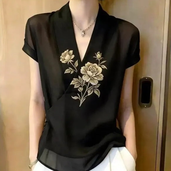 輕熟優雅刺繡輕薄V領短袖襯衫 M 黑色 印花 花朵 時尚 休閑 常規 一般 夏 套頭 顯瘦 遮肉 日常