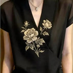 輕熟優雅刺繡輕薄V領短袖襯衫 M 黑色 印花 花朵 時尚 休閑 常規 一般 夏 套頭 顯瘦 遮肉 日常