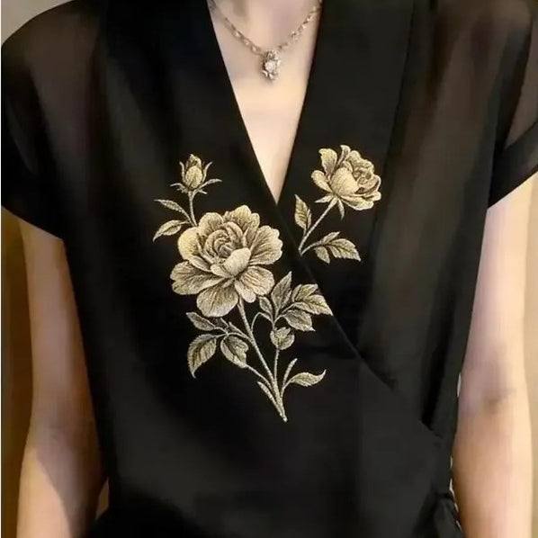 輕熟優雅刺繡輕薄V領短袖襯衫 M 黑色 印花 花朵 時尚 休閑 常規 一般 夏 套頭 顯瘦 遮肉 日常