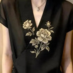 輕熟優雅刺繡輕薄V領短袖襯衫 M 黑色 印花 花朵 時尚 休閑 常規 一般 夏 套頭 顯瘦 遮肉 日常