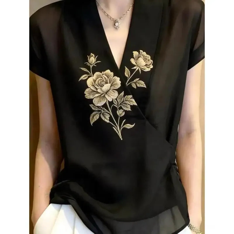 輕熟優雅刺繡輕薄V領短袖襯衫 4XL 黑色 印花 花朵 時尚 休閑 常規 一般 夏 套頭 顯瘦 遮肉 日常