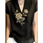 輕熟優雅刺繡輕薄V領短袖襯衫 4XL 黑色 印花 花朵 時尚 休閑 常規 一般 夏 套頭 顯瘦 遮肉 日常