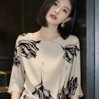溫柔好感印花圓領系帶收腰短袖T恤 M 圖片色 素面 時尚 優雅 常規 一般 春夏 套頭
