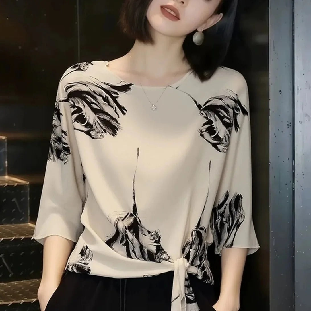 溫柔好感印花圓領系帶收腰短袖T恤 2XL 圖片色 素面 時尚 優雅 常規 一般 春夏 套頭