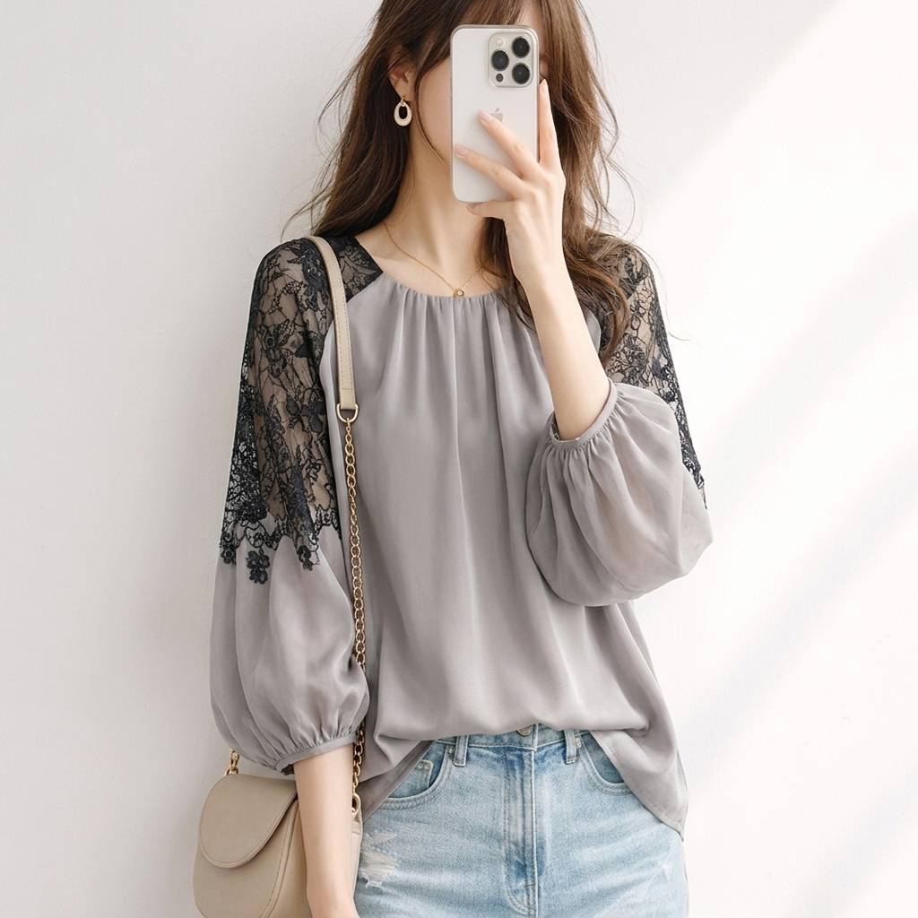 設計感 優雅 圓領 撞色 蕾絲 拼接 五分袖 襯衫 S 灰色 時尚 休閑 常規 春夏 套頭 20-50代 棉麻 混紡