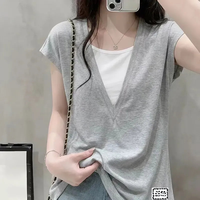 必備百搭款 小飛袖 拼接 V領 遮肚 短袖 4XL 深灰色
