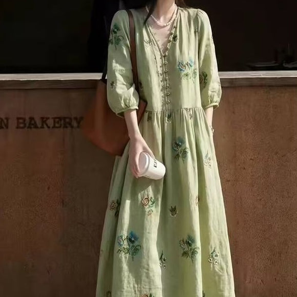 文藝風 超仙 印花 長洋裝 M 圖片色