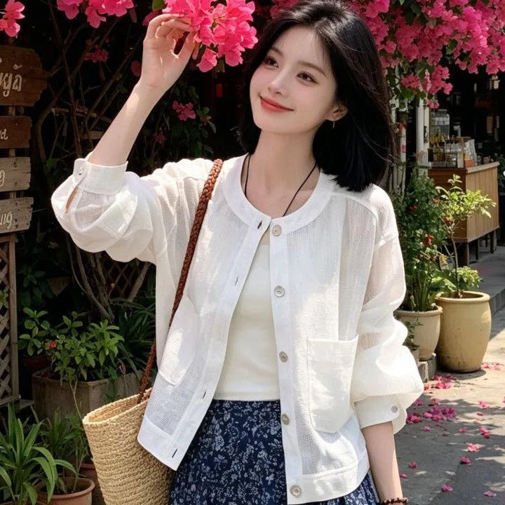 百搭原宿風純色薄款圓領防曬外套 S 原麻色 素面 單排扣 簡約 時尚 休閑 常規 無 一般 長袖 30-40代 春秋 防UV 高透氣 柔軟 秋 夏 春 春夏 聚酯纖維