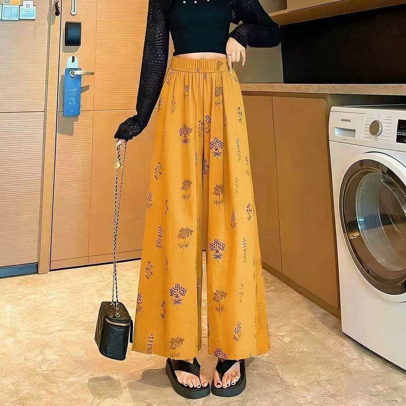 民族風印花寬鬆休閒高腰長褲 M 藏青色 植物 休閑 有口袋 夏 顯瘦 日常