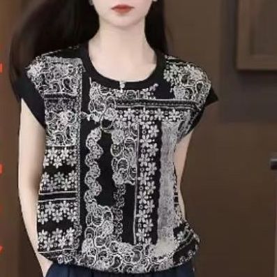 【可單件/成套購買】時髦率性寬鬆圓領短袖+花邊休閒褲 3XL 碎花上衣/單品 印花 碎花 休閑 常規 中腰 短款 夏 套頭 七分褲 日常