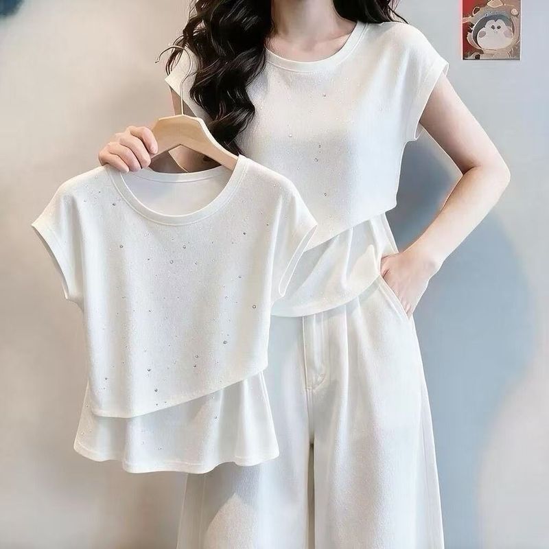 光澤矚目螺紋細閃小飛袖T恤 M 白色 素面 套頭 遮肉 顯瘦 圓領 短袖 夏 短款 不規則 拼接 韓版 休閑 日常