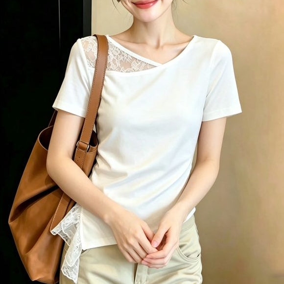 優雅輕熟風蕾絲下擺褶皺短袖T恤 M 黑色 素面 休閑 常規 拼接 一般 夏 V領 套頭 日常
